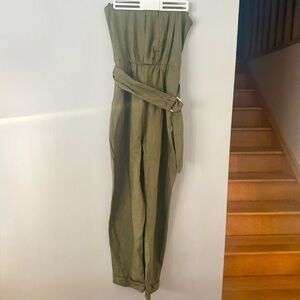 Zara Utilitarian Khaki Strapless Jumpsuit with Belt